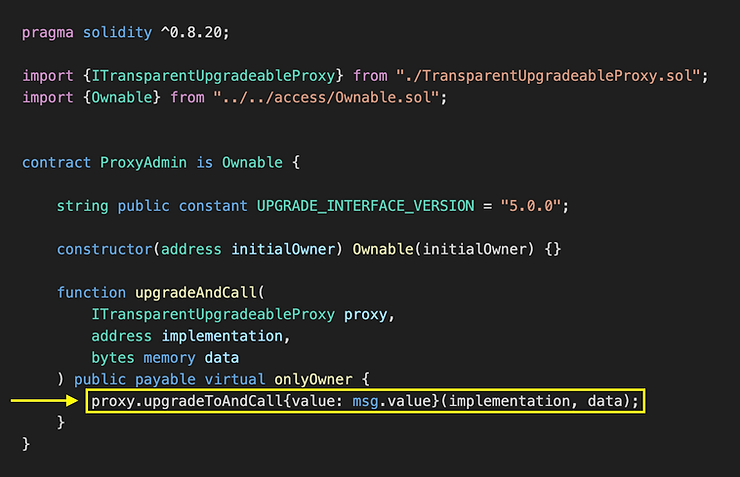 proxy admin code snippet with the upgradeToAndCall function highlighted