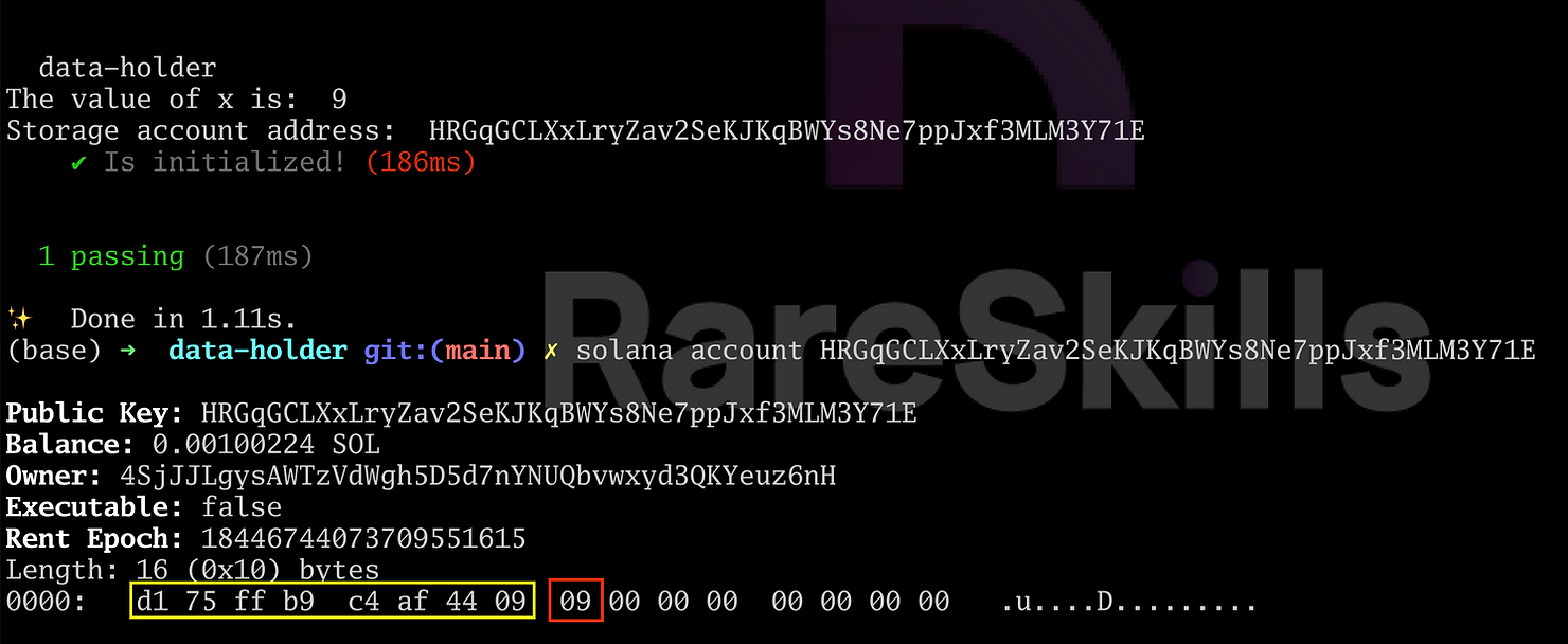 terminal output of solana \<pda address\> including number 9