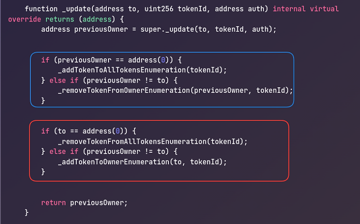 ERC721 Enumerable _update function