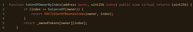 tokenOfOwnerByIndex() function