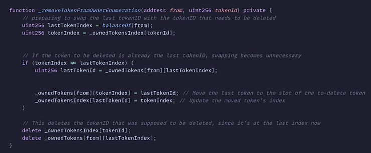 _removeTokenFromOwnerEnumeration() function