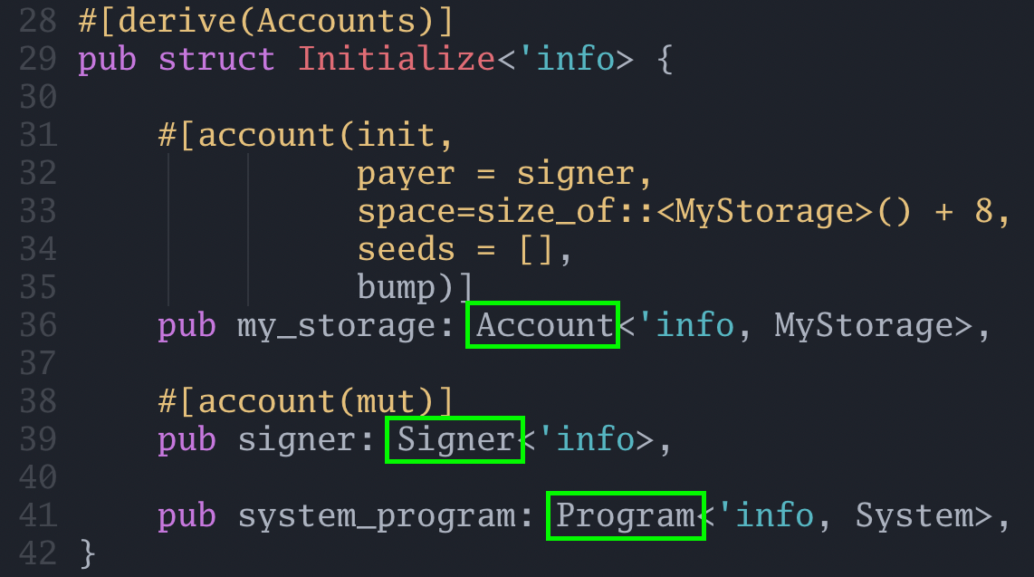 Account types code snippet