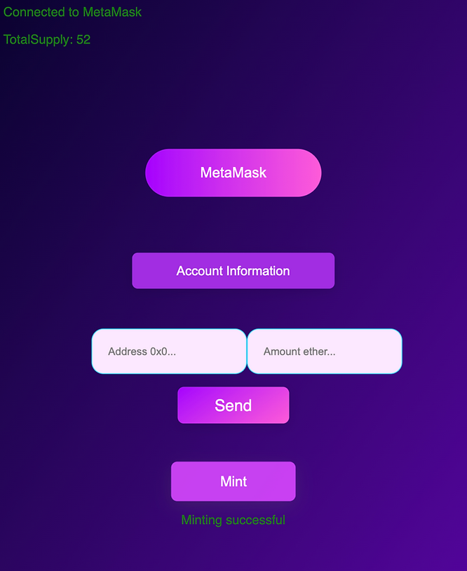 Web3.js mint button. Interacts with smart contract