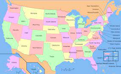 A map of the United States colored with four colors