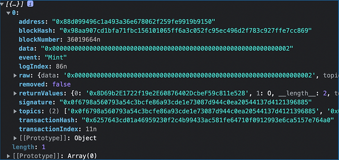 Web3.js event handler output result example