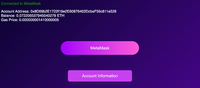 Web3.js button to retrieve account address, account balance, current gas fee