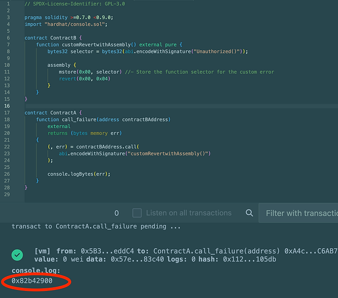 revert with custom error remix output