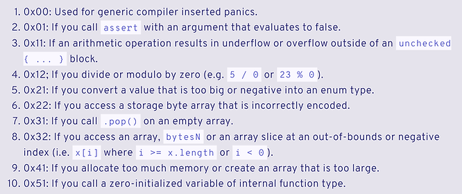 List of error codes referring to the different kinds of panics in Solidity