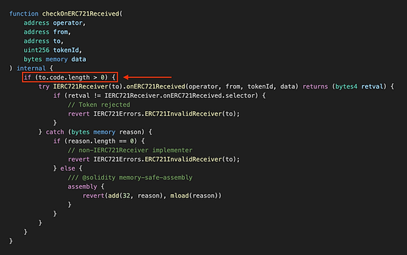 A code snippet of the checkOnERC721Received function highlighting the code.length if statement