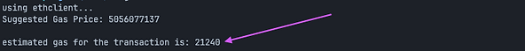 Image of suggested gas price for a specific transaction using ethclient
