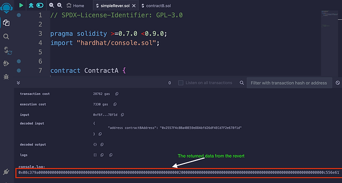 revert with a string argument returns the ABI encoding of the Error function Error(string)