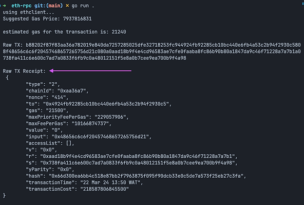 Image of Raw Transaction Receipt using EthClient