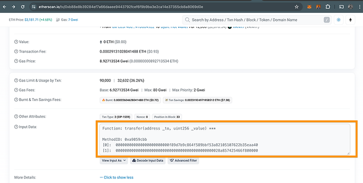 Transaction calldata on Etherscan