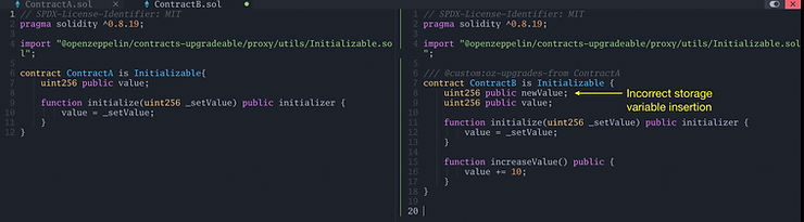 Incorrectly inserted a storage variable at upgrade at ContractB