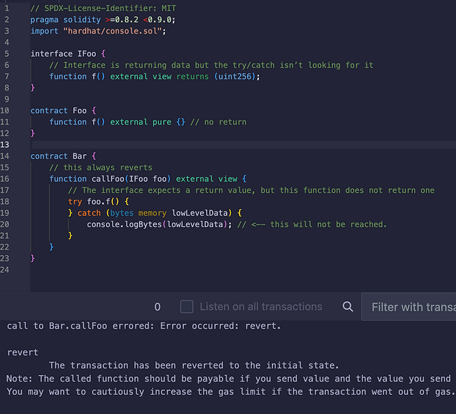 Revert when an interface expects return data but none is provided