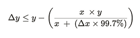 An image of the generalized equation used to calculate Δy, the amount of a token being removed from a liquidity pool, given a deposit of Δx into the pool