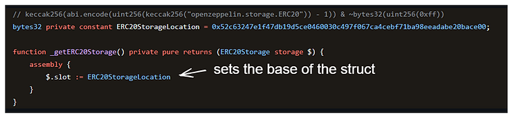 Code snippet of the function to set the base of the struct; _getERC20Storage()