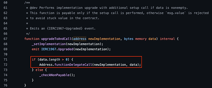 Open Zeppelin's UUPS upgradeToAndCall function code snippet with a red box highlighting the if(data.length>0) conditional statement” /></p>

<p>This function was protected by an <code>onlyOwner</code> modifier and intended to be executed only by the “rightful owner”. However, it could also be executed by the owner of the implementation contract.</p>

<p>Modifying the implementation’s storage wasn’t the issue. However, the owner could now delegatecall to a contract containing a selfdestruct opcode. This action would erase the implementation contract’s code, preventing the proxy from migrating to a new implementation. Essentially, this vulnerability could potentially lock millions of dollars in assets within the proxy indefinitely.</p>

<p>Any proxy using these library versions of UUPS, whose implementation contracts had not been “initialized,” were at risk. Anyone could execute the initialization function, become the owner, and execute a delegatecall to a contract with a selfdestruct opcode.</p>

<h3>Original mitigation to attackers taking ownership of unitialized implementation contract</h3>

<p>To mitigate this problem, the first recommendation from OpenZeppelin’s engineering team was to always “initialize” implementation contracts using a constructor together with the initializer modifier, as follows.</p>

<pre><code class=