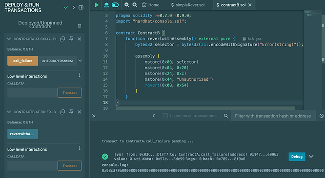 Revert with reason string (rever(reason)) remix output