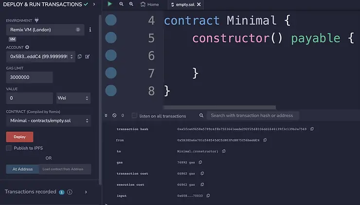 smart contract creation gas cost remix screenshot