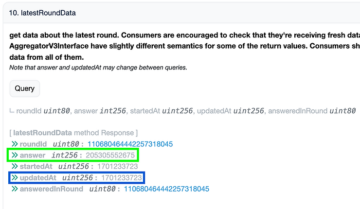 latestRoundData() function return on Etherscan