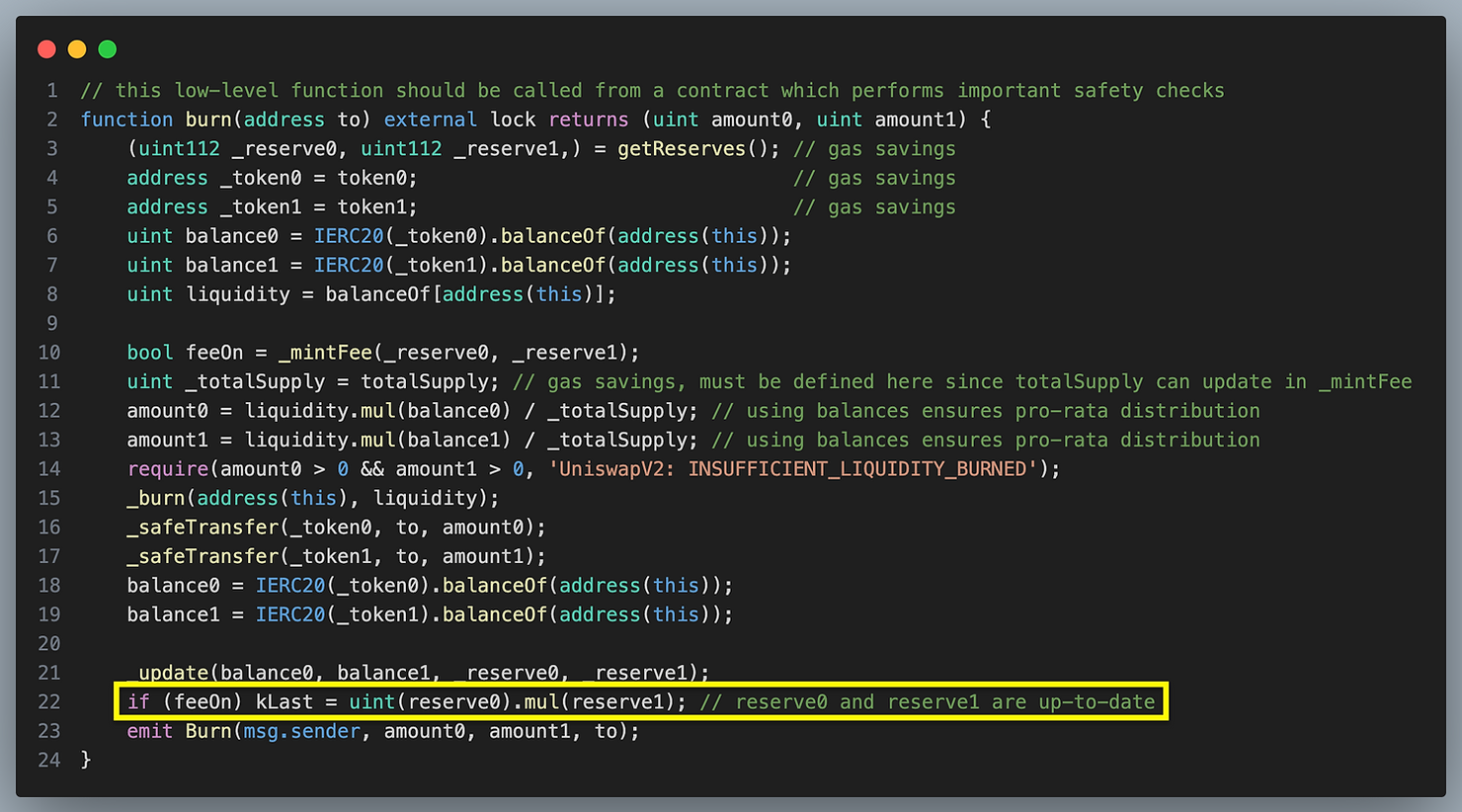 Burn function from Uniswap with the fee switch highlighted