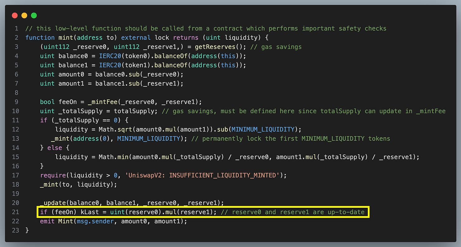 Mint function from Uniswap with the fee switch highlighted