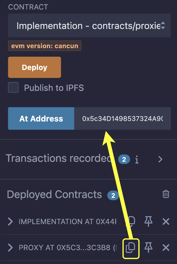 A diagram showing how to copy the Proxy contract address and paste it into the `At Address` input box
