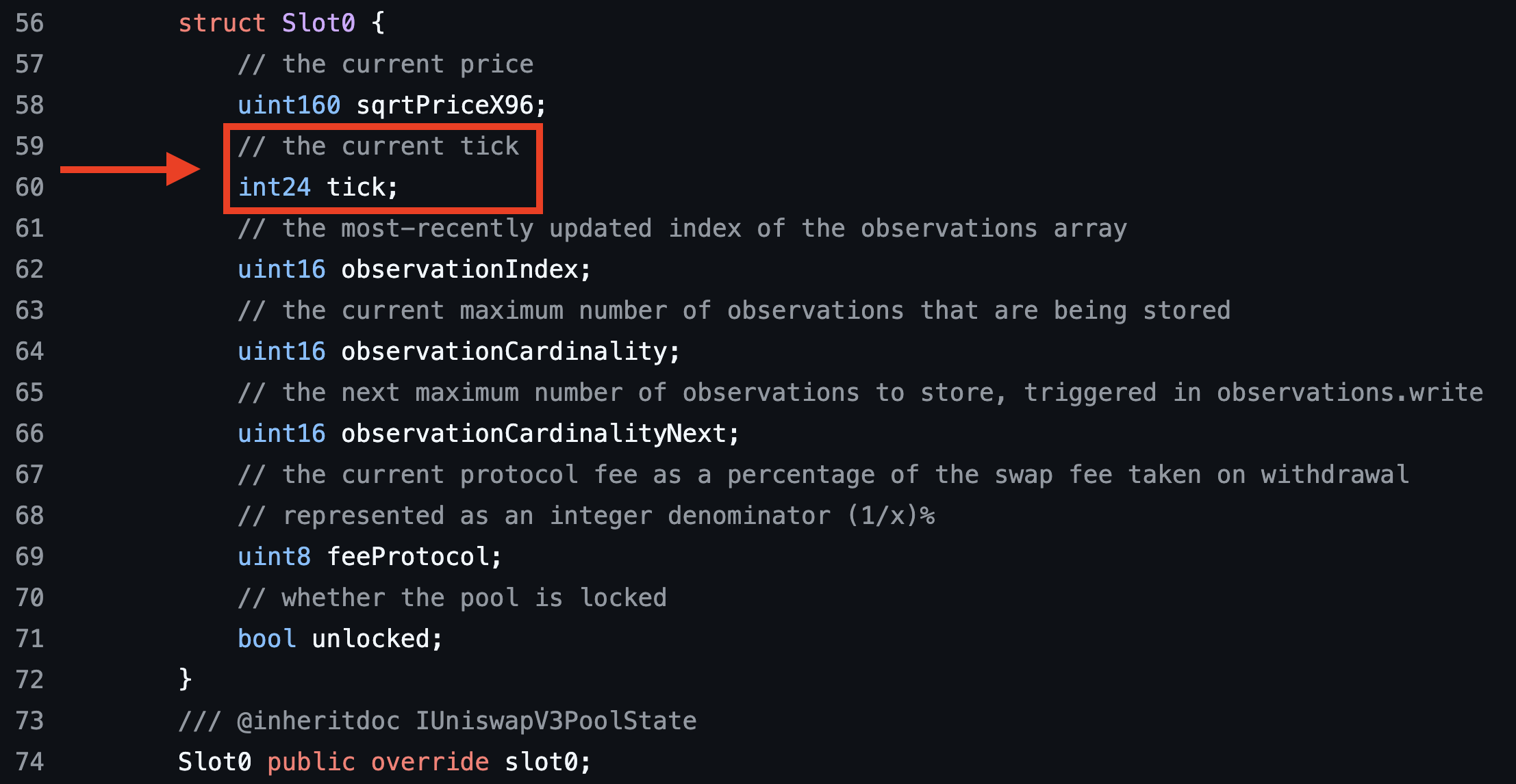 A screenshot of the Uniswap V3 code with the tick variable highlighted